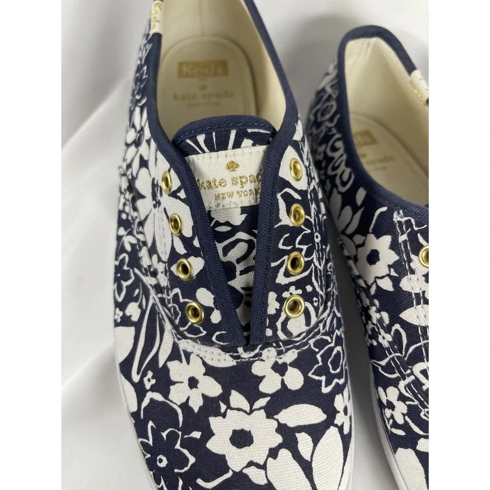 Kate Spade Women's SZ 8.5 Keds White Floral Navy Slip On Spring Summer Casual